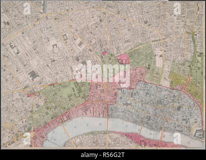 Une carte des rues d'un quartier de Londres, portant sur pentonville road, Grays Inn Road,High Holborn, la flotte,Strand Street, Cannon Street, et la Tour de Londres. Londres / Compilé et gravé par Edward F. Weller R.G. S., 34 Red Lion Square. Londres : publié par Cassell, Peter, & Calpin, Belle Sauvage Yard, Ludgate Hill, E. C., [1861-63]. Explication des symboles en bas à droite de la frontière. Rivière, chemins et routes principales colorées ; pupilles illustré en couleurs ; Ville de London entourée en rouge. Carte 1 : col. 137 x 186 cm ; ; [ca. 1:6 850]. Source : Maps Crace Port.7.271 La partie B. Auteur : Cassell, Petter Banque D'Images