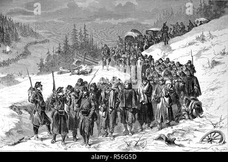 L'escorte de soldats français par l'armée suisse dans le Jura Neuchâtel le 3 février 1871, la Suisse, l'amélioration numérique Banque D'Images