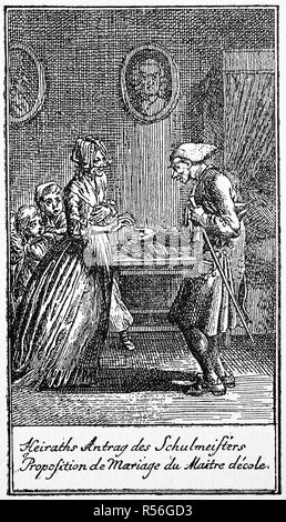 Proposition de mariage d'un vieux professeur, 1750, gravure sur bois, Angleterre Banque D'Images