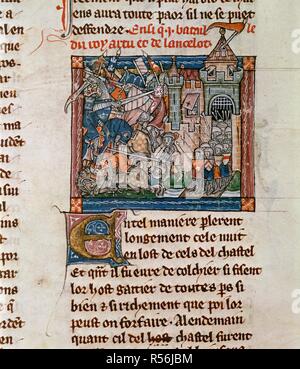 Bataille avant Joieuse Garde. La mort le Roi Artus. France ; vers 1316. (Miniature et texte) Bataille entre les armées du Roi Arthur et Lancelot avant le château de Joieuse Garde Image prise à partir de la mort le Roi Artus. Publié à l'origine/produit en France ; vers 1316. . Source : ajouter. 10294, f.74v. Langue : Français. Banque D'Images