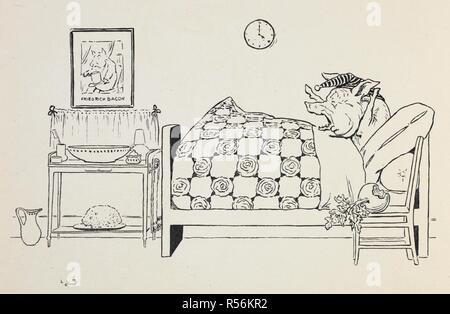 Un cochon dans le lit. L'Oie d'Or Livre : en cours de l'histoire de l'Oie d'Or, les trois ours, les 3 petits cochons, Tom Pouce. Avec de nombreux dessins en couleur et noir et blanc par L. L. Brooke. F. Warne & Co. : London & New York, [1905]. Source : 12812.b.52. Author : Brooke, L. Leslie. Banque D'Images