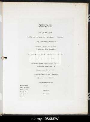 Menu pour un dîner donné par Burnham, Williams @ Co. en commémoration de l'achèvement de la Baldwin Locomotive Works ... L'Union de Philadelphie de la ligue, le jeudi, 27 février 1902. . Une collection de cartes de menu de dîners et rapports de célébrations dans les Etats-Unis d'Amérique dans les années 1890-1904, formé par Mlle F. E. Buttolph. Lié dans les trois volumes. 1890-1904. Source : C.120.f.2 Volume 1 no.19. Banque D'Images