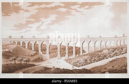 Vue de l'Aqueduc (Ãguas Livres Aqueduto das Ãguas Livres) au cours de la vallée de l'Alcantara, avec quelques chiffres sur une route à l'avant-plan. Vue sur le GRAND AQUEDUC, près de la ville de Lisbonne. [Paris] : Publier avait le 1er mars. 1792 par B. Wells, Serjeants Inn, [1 mars 1792]. Source : Maps K.Haut.74,66.g. Langue : Anglais. Banque D'Images