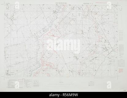 Richebourg, France. En rouge, 'tranchées corrigée à 8 Août 1916." sur un plan de la Première Guerre mondiale. Cartes de tranchées [de la lutte armée en France et en Belgique, montrant des tranchées, l'enchevêtrement de fils, etc. avec un Glossaire imprimé au verso des feuilles]. L'échelle, 1 : 10 000. Londres, 1916. 800 x 505 mm. ; l'échelle 1 : 10 000. Source : Maps.C.14.h. 36 SW 3, édition 7c. Banque D'Images