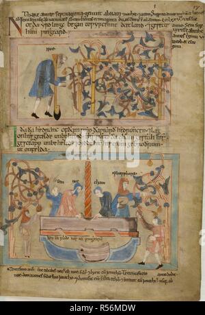 Noé et ses vignes. Old English Illustrated Hexateuch. [Angleterre] Canterbury ; deuxième trimestre de 11e siècle. [Folio] Genèse 9, 20-22. L'illustration du haut ; Noé à travailler sur ses vignes. Ci-dessous ; Noé et sa famille la récolte du raisin, puis les écraser. Image réalisée à partir d'Old English Illustrated Hexateuch. Publié à l'origine/produit en Angleterre [Canterbury] ; deuxième trimestre de 11e siècle. . Source : Cotton Claudius B. IV, f.17. Langue : anglo-saxonne. Banque D'Images