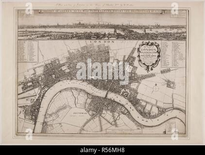 Un 17e siècle Plan de Londres, Westminster et Southwark. Une nouvelle carte de la citties de London Westminster & ye arrondissement d'Southwarke, avec leurs banlieues : shewing ye rues, ruelles, alliés, les tribunaux, etc., avec d'autres [sic] Remarques, comme ils le sont aujourd'hui, soigneusement délimité & trully / W. Hollar fecit. 1675. Londres : vendus par Robert Green à ye Rose et couronne du Budg. Ligne. Et par Robert Morden, à ye Atlas dans Cornhill, 1675. Source : Crace Portolio 2.55. Auteur : Hollar, Venceslas. Banque D'Images