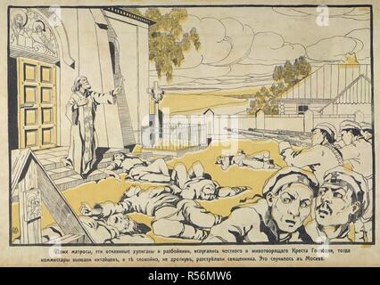 Ð Ð Ð°"¶Ð¼Ð°Ñ'Ðµ Ñ€... Ð¾ÑÑ Même le sailorsâ… représente un prêtre brandissant une croix sur les marches d'une église. Des corps morts sur la place à l'extérieur. Point bolcheviks chinois leurs armes sur le prêtre, tandis que deux marins rouge regarder ailleurs dans la peur. Le texte se lit comme suit : "Même les marins, les hooligans et désespérée à la peur des voleurs s'est honnête et vivifiante croix du Seigneur, puis le comissars appelé dans le Chinois, et ils, calmement, sans trembler, tourné des prêtres. Il s'est passé à Moscou.' . [Une collection d'affiches publiées par le sud de l'anti-bolchévique armées.]. [1918-21]. Source : 1856.g.8. Banque D'Images