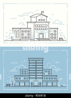 École et l'hôpital - ensemble de ligne fine style design illustrations vectorielles Illustration de Vecteur