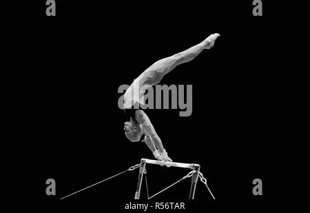 Barres asymétriques Femmes gymnastique artistique sur fond noir. Conception poly bas Illustration de Vecteur