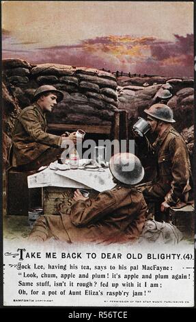 "Take me back to dear old blighty'. Une carte postale photographique de la première guerre mondiale. Soldats britanniques assis dans une tranchée. Bamforth's 'songs' série. Bamforth & Co., Ltd.Holmfirth (Angleterre) et à New York, 1914-1918. Source : Pte.Coll.5006/4 (collection privée). Auteur : Bamforth, James. Banque D'Images