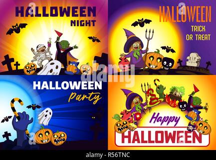 Happy Halloween banner set. Cartoon vector illustration of happy Halloween jeu de bannières pour le web design Illustration de Vecteur