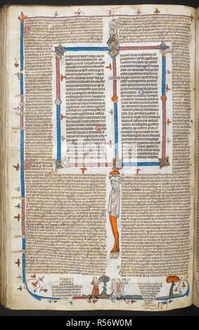 Un bas-de-page scène de quatre hommes par un arbre. Décrétales de Grégoire IX avec glossa ordinaria (le 'Smithfield décrétales'). La France, S. (Toulouse), dernier quart du 13e siècle ou au 1er trimestre de la 14e siècle. Source : Royal 10 E. IV, f.161v. Langue : le latin. Auteur : Raymond de PeÃ±afort, éditeur. Bernard de Parme, glossator. Banque D'Images