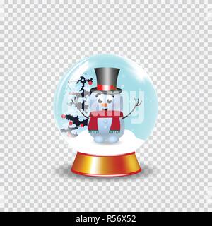 Noël, nouvel an snow globe de cristal avec mignon bonhomme de neige dans top hat et sapin isolé sur fond transparent. Vector cartoon illustration, icône Illustration de Vecteur