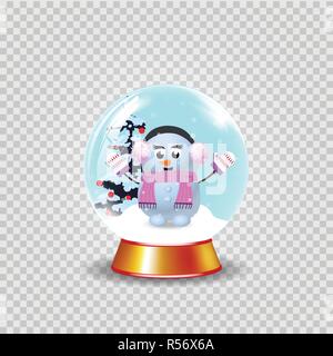 Noël, nouvel an snow globe de cristal avec mignon fille bonhomme et sapin isolé sur fond transparent. Vector cartoon illustration, icône, clip Illustration de Vecteur