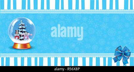 Jolie bannière de fête snow globe de cristal avec mignon snowmen sur fond rayé bleu avec bow, flocons et copie vide de l'espace pour le texte. Vector cart Illustration de Vecteur