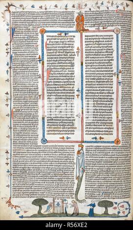 Texte ; bas-de-page scène d'un homme et une femme à l'extérieur d'un bâtiment. Le Smithfield décrétales. La France, S. (Toulouse), dernier quart du 13e siècle ou au 1er trimestre de la 14e siècle. Source : Royal 10 E. IV, f.30v. Langue : le latin. Banque D'Images