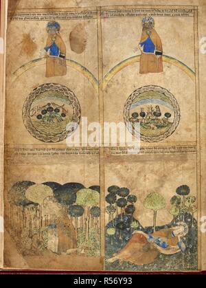 [Ensemble] folio quatre scènes, illustrant les cinquième, sixième et septième jours de la création. Scènes supérieure ; le Créateur assis sur un arc-en-ciel au-dessus de la terre, représentant la création d'animaux. Ci-dessous ; la création d'Adam, Dieu se penche sur Adam, qui s'élève avec mains jointes à partir de la terre. Le septième jour, Dieu se repose ; il est indiqué de vous coucher sur un pré herbeux entre deux collines boisées. Egerton Genèse Photo Book. L'Angleterre ; vers 1360. Source : Egerton 1894, f.1c. Langue : Français. Banque D'Images