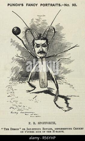 Punch's fancy portraits. No.90. F.R. Spofforth. Frederick Robert 'Fred' Spofforth, connu comme 'Le démon Bowler' ; un joueur pour l'équipe australienne de cricket. Punch, or the London Charivari. Londres, 1 juillet 1882. Source : P.P.5270, volume 82, page 310. Banque D'Images