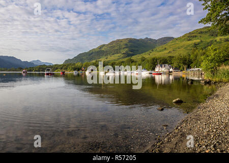 Waterfront à Loch Lomond Park sur un matin d'été ensoleillé calme, Inveruglas, Loch Lomond et les Trossachs National Park, Ecosse, Royaume-Uni Banque D'Images