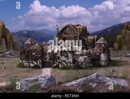 Image détaillée d'un northic château médiéval ou forteresse par les vikings, fantaisie, 3D render Banque D'Images