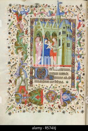 Présentation au Temple. Livre d'heures. France [Paris] ; vers 1407. [Texte] Miniature et Office de la Vierge à aucun. La Vierge nous présente le Christ à Siméon, avec Joseph derrière elle tenant une colombe, situé dans une église gothique. Texte commençant par 'D' initiale décorée image prise à partir de la réserve d'heures. Publié à l'origine/produit en France [Paris] ; vers 1407. . Source : ajouter. 29433, f.71v. Langue : Latin, surtout en partie F. Auteur : Maître de l'Bruxelles initiales. Banque D'Images