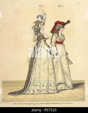 Figure 3 : Tête-robe de satin blanc. L'un pourpre et deux plumes blanches placées dans le bas sur le côté gauche. Les cheveux, la lumière frizzed, jeté en boucles, facile de tomber sur le bikini. Long d'oreilles de perles. Un collier de perles et d'une chaîne d'or autour du cou. Le jupon de satin blanc brodé, en couleurs. Une robe de pourpre, circassienne et une bande orange ; le train satin coupées en biais et arrondis. Le corset de satin blanc, avec de longues manches de la même, attaché autour du poignet avec deux ribands de pourpre. Les manches courtes de la robe, de la robe elle-même bordée de fourrure... Figure 4 : Banque D'Images