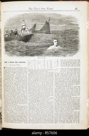 Comment j'ai nagé dans la chaîne.' Par Capt.Webb. Le Capitaine Matthew Webb (19 janvier 1848 - 24 juillet 1883) a été la première personne à traverser la Manche sans l'utilisation de moyens artificiels pour sport but. Le 25 août 1875, Webb a nagé de Douvres à Calais en moins de 22 heures. Le garçon propre papier. Londres : heures de loisirs, 1879-1967. (Ce point, fin du xixe siècle). Source : P.P.5993.u.(1) Première édition. page 45. Banque D'Images