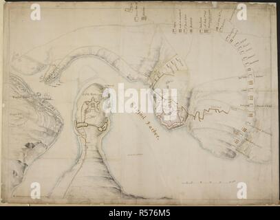 Plan du siège de Kinsale, octobre 1690. La ville, Port, Rivière Brandon, fort Charles et Old Fort. Les positions de l'anglais et les troupes alliées sont indiqués, par des tranchées, des batteries et des manœuvres d'assiégeants indiqué dans les encres de couleur. vers 1690. Source : ajouter. 61343 B,. Langue : Anglais. Banque D'Images