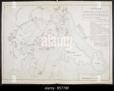 Boston, Massachusetts : Plan d et ses environs. Qui fais la situation réelle des troupes de Sa Majesté, et aussi ceux des rebelles ; de même tous les forts, redouts receted et tranchées par les armées, dessiné par un ingénieur à Boston. Les plans d'opérations militaires, en Amérique du Nord, etc. 1716-1783. Source : ajouter. 15535. Banque D'Images