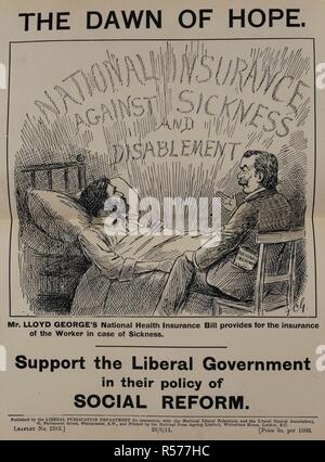 'L'aube de l'espoir". La couverture des risques de maladie et d'invalidité. Appuyer le gouvernement libéral dans leur politique de réforme sociale.'. Des brochures et dépliants de ... la publication libéral Ministère. Londres, 1895-1931 (cette notice datée du 28/6/11). 'Mr Lloyd George's national health insurance bill prévoit pour l'assurance des travailleurs en cas de maladie". Source : 08139.c.97, notice no2383. Langue : Anglais. Banque D'Images