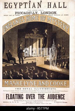 La salle égyptienne, Piccadilly. & Maskelynes Cooke, 1876... La dernière sensation de Monsieur Maskelynes, flottant au-dessus de l'auditoire. . Une collection de brochures, prospectus et autres imprimés relatifs aux infirmières de l'entertainment et de la vie quotidienne. D. & J. Allen, dessinateurs et lithographes, William St. au sud de Belfast. 1876. Source : Evan.396. Auteur : Evanion, Henry. Banque D'Images