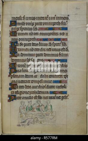 Bas-de-page scène de Marie Madeleine lavant les pieds du Christ avec ses cheveux. Psautier ('Le psautier de la Reine Mary"). Angleterre (Londres/Westminster ou East Anglia ?) ; entre 1310 et 1320. Source : Royal 2 B. VII, f.300. Langue : Français de l'Amérique latine, avec les légendes des images. Banque D'Images