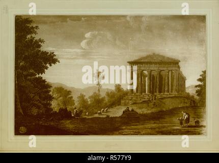 Un groupe de voyageurs arrivent au Temple de la Concorde à partir de la gauche, avec des chiffres, debout sur le perron, un berger et son troupeau de moutons à proximité et une mère et son jeune enfant regardant à droite. Vue sur le Temple de la Concorde, Agrigente. [Paris] : [éditeur non identifiés], [1783]. Source : Maps K.Haut.84.32.ch. Banque D'Images