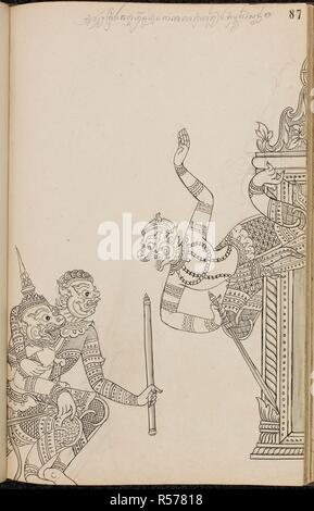 Scène de bataille du Ramakien (version thaï du Ramayana) . Ramakien (version thaï du Ramayana). 1880. Matériaux : papier européen Dimensions : 230 mm x 355 mm : Script script Khom, une variante de khmre utilisé en Thaïlande au crayon. Source : Ou. 14859 f.87. Langue : Thaï. Banque D'Images