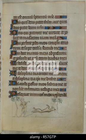 Bas-de-page d'une scène man gesturing at un castor, allongé à proximité (probablement pour indiquer au chasseur qu'il a déjà été castré (voir f. 101v). Les testicules des castors ont été soupçonnés d'avoir des propriétés médicinales, et selon la légende, ils seraient les détacher quand le. Psautier ('Le psautier de la Reine Mary"). Angleterre (Londres/Westminster ou East Anglia ?) ; entre 1310 et 1320. Source : Royal 2 B. VII, f.102. Langue : Français de l'Amérique latine, avec les légendes des images. Banque D'Images