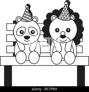 Lion Mignon Et Panda Sur Banc Joyeux Anniversaire Vector Illustration Image Vectorielle Stock Alamy