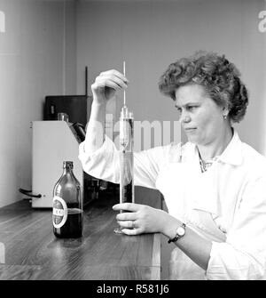 L'histoire de la Finlande Kotka - Brasserie à vapeur inspecteur inspecte la qualité de la bière en bouteille. ca. 1960 Banque D'Images