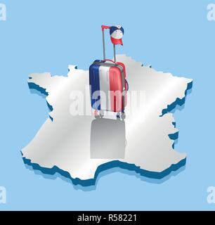 Valise comme drapeau français et 3D sur la carte de France. Tous les objets sont dans des couches différentes et les types de texte n'ont pas besoin de police. Illustration de Vecteur