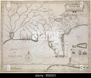 Une carte de la Floride et les régions voisines. La Floride, et REGIONES VICINAE. [Leyde] : [Joannes de Laet], [entre 1630 et 1640.]. La gravure sur cuivre. Source : Maps K.Haut.122,78. Langue : le latin. Banque D'Images