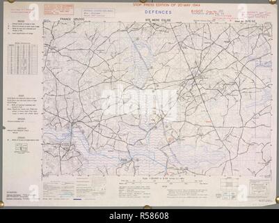 Ste. Eglise. Sainte-MÃ¨re-glise, France. Une carte de la Seconde Guerre mondiale. Tôt le matin du 6 juin 1944 des unités mixtes de la 82e division aéroportée américaine et des États-Unis 101e Divisions aéroportées occupé la ville à l'opération Boston, lui donnant la prétention d'être une des premières villes libérées par l'invasion. . France 1:25 000 Défenses, Bigot. [Paris] : Bureau de la guerre, 1944. Source : Maps 14317.(259.) 31/18 NE. Banque D'Images