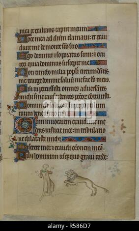 Bas-de-page lieux d'un lion attaquant un homme. Psautier ('Le psautier de la Reine Mary"). Angleterre (Londres/Westminster ou East Anglia ?) ; entre 1310 et 1320. Source : Royal 2 B. VII, f.87. Langue : Français de l'Amérique latine, avec les légendes des images. Banque D'Images