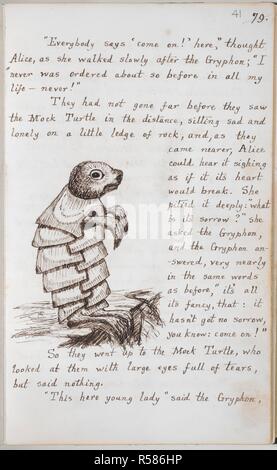 La tortue simulée. Aventures d'Alice sous terre [in Wonderland]. [Angleterre] Oxford ; 1862-1864. [Folio] texte et dessin du chapitre IV : Alice et la Gryphon rencontre la tortue fantaisie triste et solitaire assis sur un rebord Image réalisée à partir d'aventures d'Alice sous terre [in Wonderland]. Publié à l'origine/produit en Angleterre [Oxford] ; 1862-1864. . Source : ajouter. 46700, f.41. Langue : Anglais. Auteur : Charles Lutwidge Dodgson,. Charles Lutwidge Dodgson,, pseud. Lewis Carroll. Banque D'Images