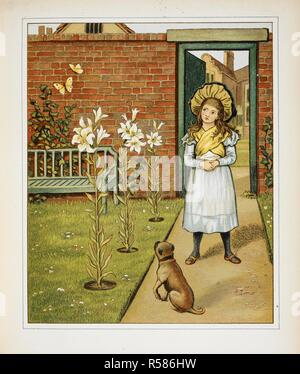 Fille dans le jardin avec le chien. Illustration couleur de 'à la maison'. À la maison. Marcus Ward & Co. à Londres, 1881. Image réalisée à partir à la maison par J G Sowerby et Thos. Grue. Source : 12805.k.41, page 55. Langue : Anglais. Auteur : Sowerby, John G. Banque D'Images