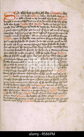 À partir de la page 'Morte Darthur'. Le Morte Darthur [Winchester Malory]. L'Angleterre ; années 1471-1483. [Folio] Début de livre IV du 'Morte' Darthur Image prise de : Le Morte Darthur [Winchester Malory]. Publié à l'origine/produit en Angleterre ; années 1471-1483. . Source : ajouter. 59678, f.45. Langue : Anglais. Banque D'Images