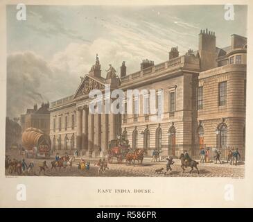 Une vue de Leadenhall Street de la façade de la maison est de l'Inde. Les figures, les chevaux, les charrettes et les chiens peuvent être vus dans la rue. EAST INDIA HOUSE. [Paris] : Paru le 1 juin 1817, à R. ACKERMANN'S Repository des arts No 101, Strand, 1 juin 1817. Eau-forte et aquatinte avec main-coloration. Source : Maps K.Haut.24.10.ch. Langue : Anglais. Auteur : BERGER, THOMAS HOSMER. Banque D'Images