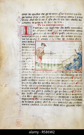 Détail d'un dessin teinté d'une femme protégeant une licorne d'un chasseur. . Flore de virtu e costumi (fleurs de la vertu et de la coutume). L'Italie, N. (Padoue ?) ; 2e quart du 15e siècle. Source : Harley 3448 f. 36 v. Auteur : ANON. Banque D'Images
