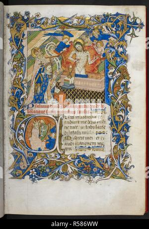Miniature de Alban tenant une croix de Tau, la présentation d'un duc d'agenouillement Humfrey de Gloucester (ou peut-être Henry VI), avec un livre à lire 'La Pietas tua domine operetur en moi', à Christ comme homme de douleur et la figure de la Trinité, sous la colombe de l'Esprit Saint et le Père, avec deux anges. Une initiale historiée 'C'(um) de David jouant de la harpe avec deux anges, au début du Psaume 4. Sélection de psaumes, avec calendrier, prières, litanies et ('Le Psautier d'Humfrey de Gloucester'). L'Angleterre, S. (Londres) ; 2e quart du 15e siècle, avant 1447. Source : Royal 2 B. I, f. 8. Language Banque D'Images