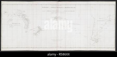 Un tableau de la grande mer du Sud ou pacifique, montrant la route de l'entreprise. Tableaux, Plans, vues et dessins pris à bord de l'Endeavour lors du premier voyage du capitaine Cook, 1768 - 1771. 1771. (En détail) La carte de la Nouvelle-Zélande. Tableau d'une grande partie des Mers du Sud ou de l'océan Pacifique, montrant la route de l'entreprise image prise à partir de tableaux, plans, vues et dessins pris à bord de l'Endeavour lors du premier voyage du capitaine Cook, 1768 - 1771. Publié initialement en 1771./produit . Source : ajouter. 7085, n°1. Langue : Anglais. Auteur : COOK, JAMES. PRAVAL, CHARLES. Banque D'Images