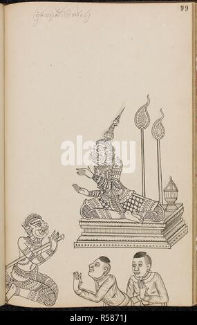 Ravana, scène du Ramakien (version thaï du Ramayana). Ramakien (version thaï du Ramayana). 1880. Matériaux : papier européen Dimensions : 230 mm x 355 mm : Script script Khom, une variante de khmre utilisé en Thaïlande au crayon. Source : Ou. 14859 f.99. Langue : Thaï. Banque D'Images