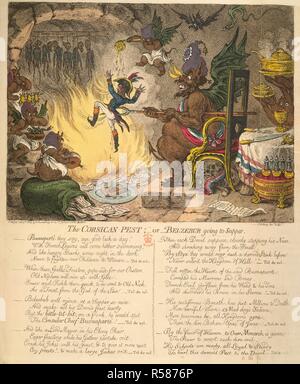 La lutte corse. Loyal and Patriotic part-factures, des chansons, des adresses,. Londres, 1803. La lutte Corse ; ou va au souper. Belzebub Une chanson patriotique.Napoléon Bonaparte se tient au-dessus d'un feu par le Diable, à l'aide d'une fourche. Image prise à partir de la Loyal and Patriotic part-factures, des chansons, des adresses, etc. sur la menace d'invasion de la Grande-Bretagne par Buonaparte. Publié à l'origine/produit à Londres, 1803. . Source : 650.a.12.(41). Langue : Anglais. Auteur : GILLRAY, JAMES. Banque D'Images